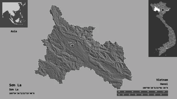 息子ラの形 ベトナムの州 その首都 距離スケール プレビューおよびラベル 標高マップ 3Dレンダリング — ストック写真