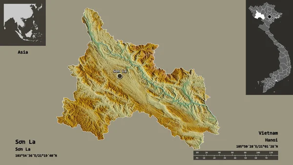 Kształt Son Prowincja Wietnamu Jego Stolica Skala Odległości Zapowiedzi Etykiety — Zdjęcie stockowe