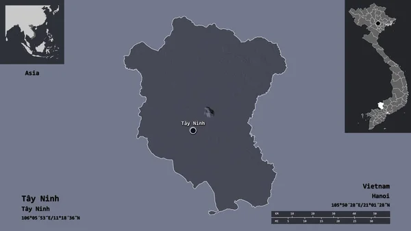 越南泰宁省的形状及其首都 距离刻度 预览和标签 彩色高程图 3D渲染 — 图库照片