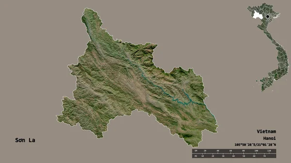越南的Son La形状 其首都在坚实的背景下与世隔绝 距离尺度 区域预览和标签 卫星图像 3D渲染 — 图库照片