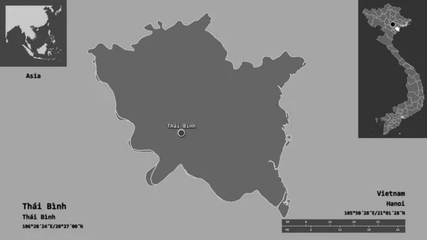 越南省泰平的形状及其首都 距离刻度 预览和标签 Bilevel高程图 3D渲染 — 图库照片