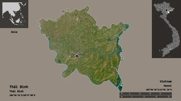 越南省泰平的形状及其首都 距离刻度 预览和标签 卫星图像 3D渲染 — 图库照片