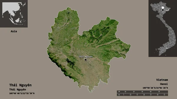 ベトナムの省であるタイ グエンとその首都の形 距離スケール プレビューおよびラベル 衛星画像 3Dレンダリング — ストック写真