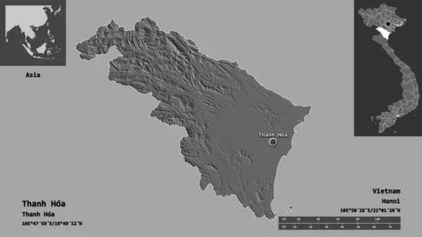 越南的成化 越南的成化 以及越南的首都 距离刻度 预览和标签 Bilevel高程图 3D渲染 — 图库照片