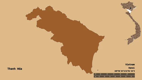 ベトナムの省 タインホアの形状は その資本がしっかりとした背景に隔離されています 距離スケール リージョンプレビュー およびラベル パターン化されたテクスチャの構成 3Dレンダリング — ストック写真