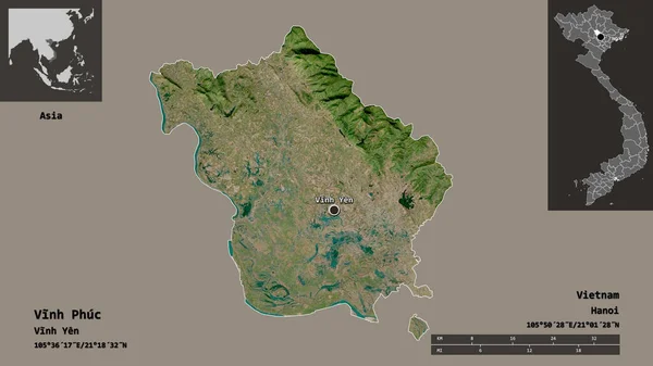 越南省文赫省的形状及其首都 距离刻度 预览和标签 卫星图像 3D渲染 — 图库照片