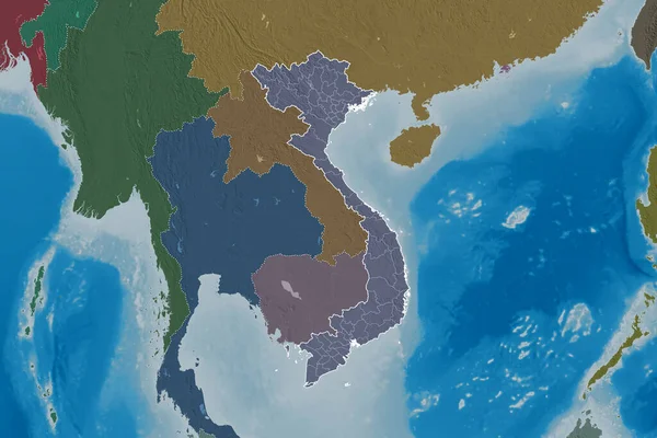 Utvidet Område Vietnam Med Landgrenser Internasjonale Regionale Grenser Farget Høydekart – stockfoto