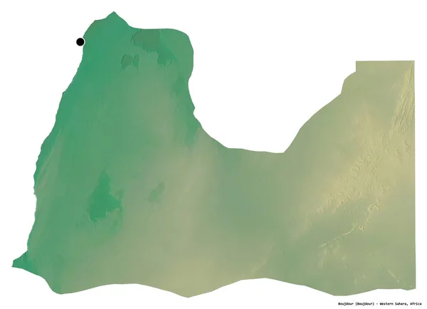 西撒哈拉省Boujdour的形状 其首都因白色背景而孤立 地形浮雕图 3D渲染 — 图库照片