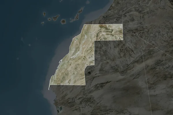 Shape of Western Sahara separated by the desaturation of neighboring areas. Borders. Satellite imagery. 3D rendering