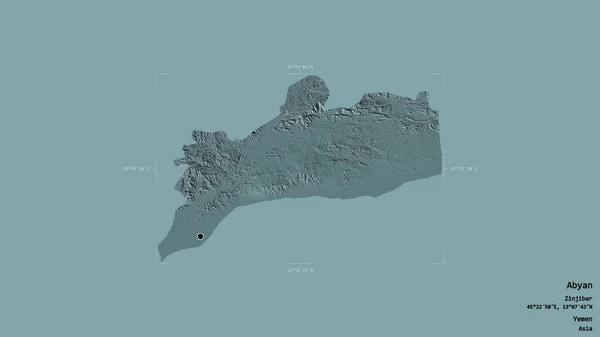 イエメンの州知事アビヤンの地域は 洗練された境界ボックス内の強固な背景に隔離されています ラベル 色の標高マップ 3Dレンダリング — ストック写真