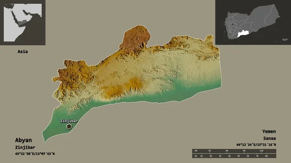 アビャンの形 イエメンの知事とその首都 距離スケール プレビューおよびラベル 地形図 3Dレンダリング — ストック写真