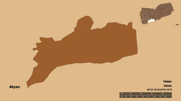 イエメンの州知事アビャンの形は その首都をしっかりとした背景に隔離されています 距離スケール リージョンプレビュー およびラベル パターン化されたテクスチャの構成 3Dレンダリング — ストック写真