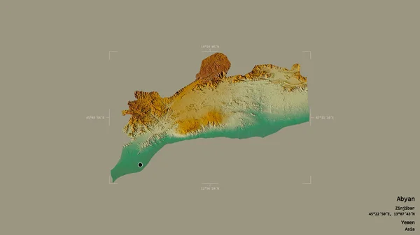 イエメンの州知事アビヤンの地域は 洗練された境界ボックス内の強固な背景に隔離されています ラベル 地形図 3Dレンダリング — ストック写真