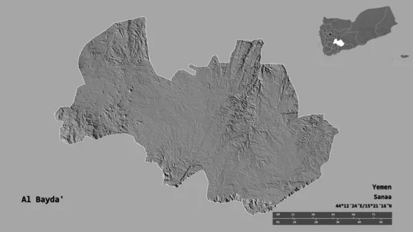 也门省Al Bayda Apos 的形状 其首都在坚实的背景下与世隔绝 距离尺度 区域预览和标签 Bilevel高程图 3D渲染 — 图库照片