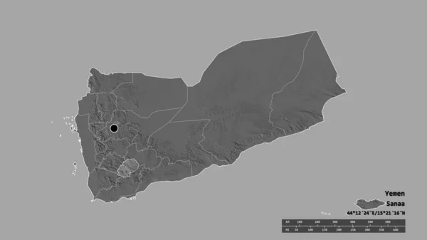 主要な地域部門と分離されたアル ダリのエリアでイエメンの荒廃した形 ラベル 標高マップ 3Dレンダリング — ストック写真
