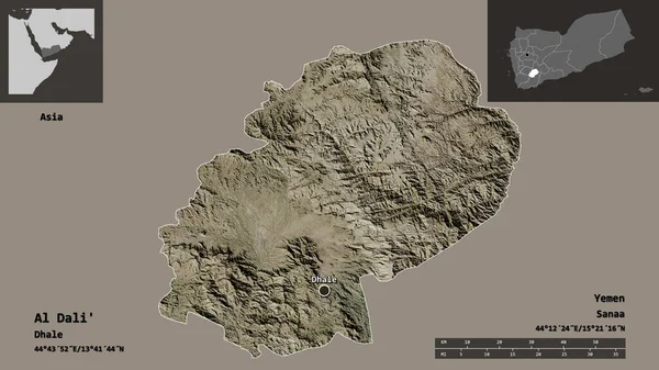 Dali S形状 也门省及其首都 距离刻度 预览和标签 卫星图像 3D渲染 — 图库照片