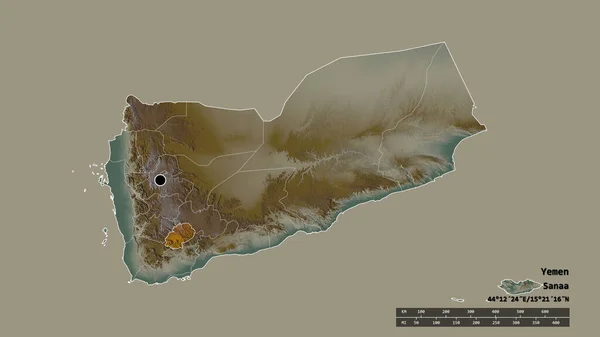 主要な地域部門と分離されたアル ダリのエリアでイエメンの荒廃した形 ラベル 地形図 3Dレンダリング — ストック写真