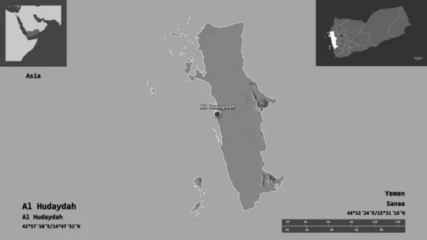 Hudaydah形状 也门省及其首都 距离刻度 预览和标签 Bilevel高程图 3D渲染 — 图库照片