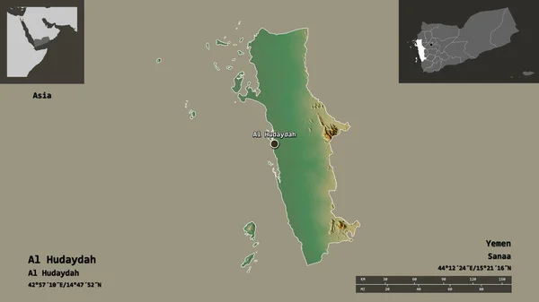 Hudaydah Şekli Yemen Valisi Başkenti Uzaklık Ölçeği Gösterimler Etiketler Topografik — Stok fotoğraf