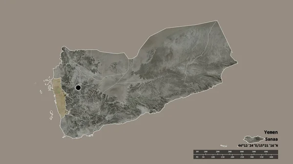 主要な地域部門と分離されたAl Hudaydah地域とイエメンの荒廃した形 ラベル 衛星画像 3Dレンダリング — ストック写真