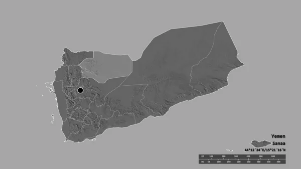 主要な地域部門と分離されたアルJawf地域とイエメンの荒廃した形 ラベル 標高マップ 3Dレンダリング — ストック写真