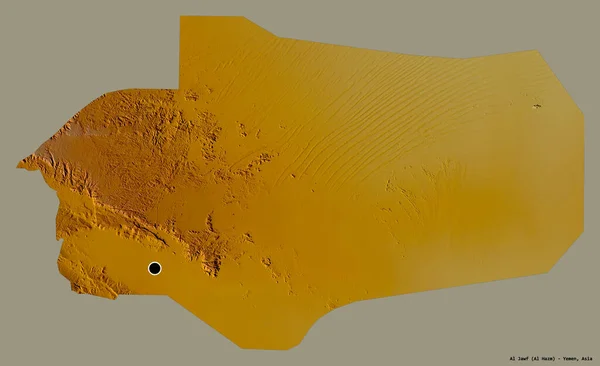 也门省Al Jawf的形状 其首都以纯色背景隔离 地形浮雕图 3D渲染 — 图库照片