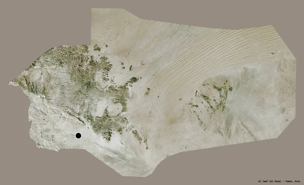 Al Jawf 'ın şekli, Yemen valisi, başkenti koyu renk arka planda izole edilmiş. Uydu görüntüleri. 3B görüntüleme