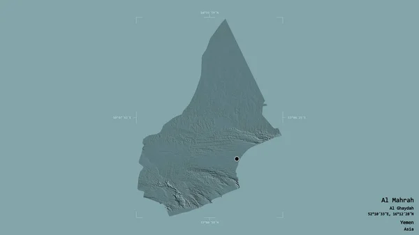 也门省Al Mahrah地区 在一个地理参照框的坚实背景下被隔离 彩色高程图 3D渲染 — 图库照片