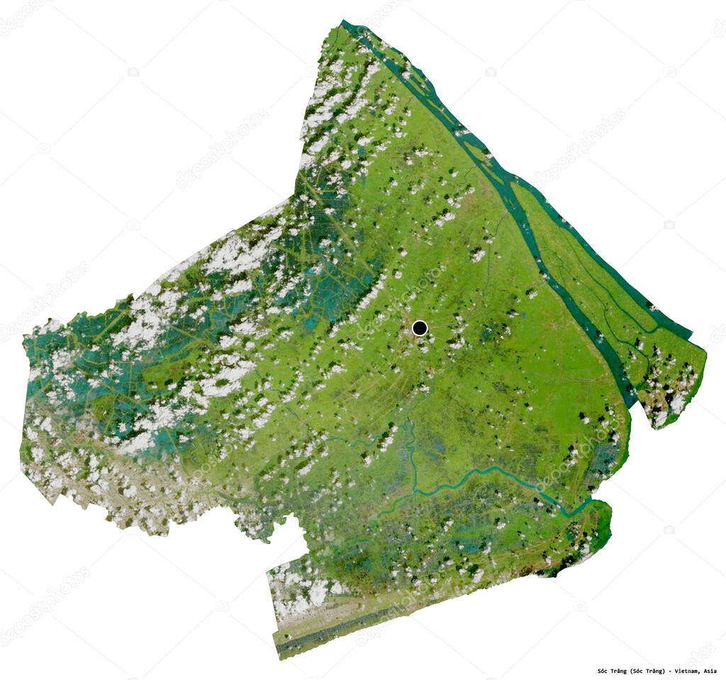 Shape of Soc Trang, province of Vietnam, with its capital isolated on white background. Satellite imagery. 3D rendering