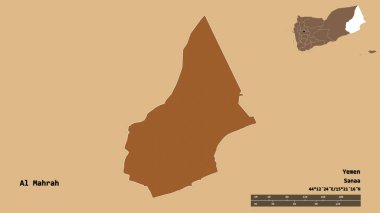 Al Mahrah 'ın sureti, Yemen valisi, sermayesi sağlam arka planda izole edilmiş. Uzaklık ölçeği, bölge önizlemesi ve etiketleri. Desenli dokuların bileşimi. 3B görüntüleme