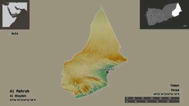 Al Mahrah 'ın sureti, Yemen valisi ve başkenti. Uzaklık ölçeği, ön gösterimler ve etiketler. Topografik yardım haritası. 3B görüntüleme