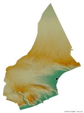 Beyaz arka planda başkenti izole edilmiş, Yemen valisi Al Mahrah 'ın sureti. Topografik yardım haritası. 3B görüntüleme