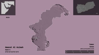 Amanat Al Asimah 'ın şekli, Yemen valisi ve başkenti. Uzaklık ölçeği, ön gösterimler ve etiketler. Renkli yükseklik haritası. 3B görüntüleme