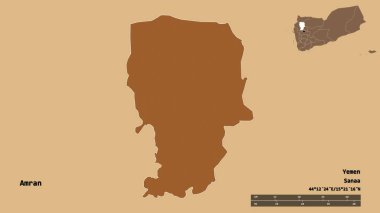 Amran 'ın şekli, Yemen valiliği, sermayesi sağlam arka planda izole edilmiş. Uzaklık ölçeği, bölge önizlemesi ve etiketleri. Desenli dokuların bileşimi. 3B görüntüleme