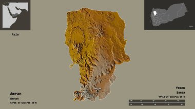 Amran 'ın şekli, Yemen Valisi ve başkenti. Uzaklık ölçeği, ön gösterimler ve etiketler. Topografik yardım haritası. 3B görüntüleme