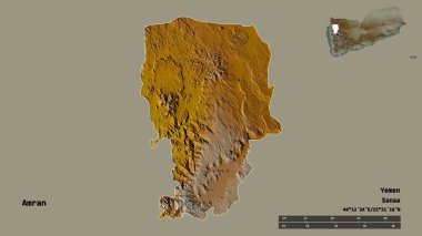 Amran 'ın şekli, Yemen valiliği, sermayesi sağlam arka planda izole edilmiş. Uzaklık ölçeği, bölge önizlemesi ve etiketleri. Topografik yardım haritası. 3B görüntüleme