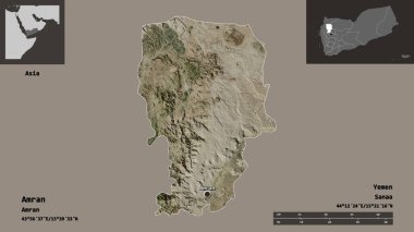 Amran 'ın şekli, Yemen Valisi ve başkenti. Uzaklık ölçeği, ön gösterimler ve etiketler. Uydu görüntüleri. 3B görüntüleme