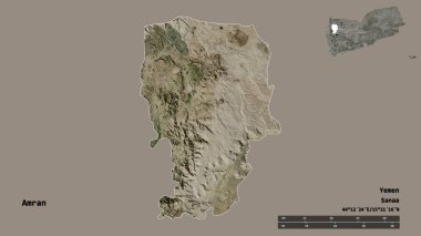 Amran 'ın şekli, Yemen valiliği, sermayesi sağlam arka planda izole edilmiş. Uzaklık ölçeği, bölge önizlemesi ve etiketleri. Uydu görüntüleri. 3B görüntüleme