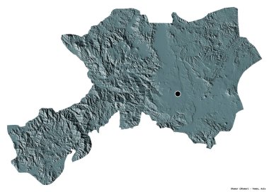 Beyaz arka planda başkenti izole edilmiş Yemen valisi Dhamar 'ın şekli. Renkli yükseklik haritası. 3B görüntüleme