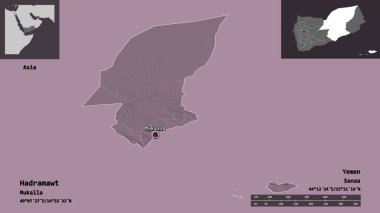 Hadramawt 'ın şekli, Yemen valisi ve başkenti. Uzaklık ölçeği, ön gösterimler ve etiketler. Renkli yükseklik haritası. 3B görüntüleme
