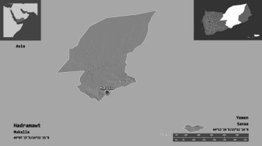 Hadramawt 'ın şekli, Yemen valisi ve başkenti. Uzaklık ölçeği, ön gösterimler ve etiketler. Çift seviyeli yükseklik haritası. 3B görüntüleme