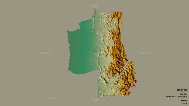 Hajjah bölgesi, Yemen valisi, jeoreferatlı bir sınır kutusunda sağlam bir arka planda izole edilmiş. Etiketler. Topografik yardım haritası. 3B görüntüleme