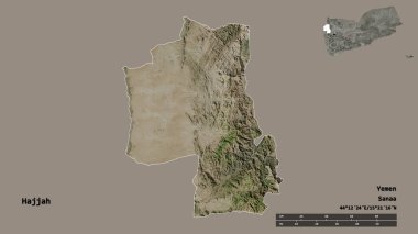 Yemen valisi Hajjah 'ın şekli, başkenti sağlam bir zemine sahip. Uzaklık ölçeği, bölge önizlemesi ve etiketleri. Uydu görüntüleri. 3B görüntüleme