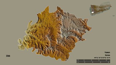 Yemen valisi Ibb 'in görüntüsü, başkenti sağlam bir zemine sahip. Uzaklık ölçeği, bölge önizlemesi ve etiketleri. Topografik yardım haritası. 3B görüntüleme