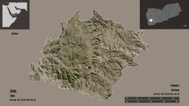 Ibb 'in sureti, Yemen Valisi ve başkenti. Uzaklık ölçeği, ön gösterimler ve etiketler. Uydu görüntüleri. 3B görüntüleme