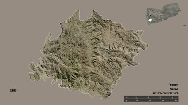 Yemen valisi Ibb 'in görüntüsü, başkenti sağlam bir zemine sahip. Uzaklık ölçeği, bölge önizlemesi ve etiketleri. Uydu görüntüleri. 3B görüntüleme