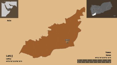 Lahij 'in sureti, Yemen Valisi ve başkenti. Uzaklık ölçeği, ön gösterimler ve etiketler. Desenli dokuların bileşimi. 3B görüntüleme