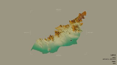 Lahij bölgesi, Yemen Valiliği, jeoreferatlı bir sınır kutusunda sağlam bir arka planda izole edildi. Etiketler. Topografik yardım haritası. 3B görüntüleme