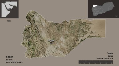 Sadah 'ın şekli, Yemen valisi ve başkenti. Uzaklık ölçeği, ön gösterimler ve etiketler. Uydu görüntüleri. 3B görüntüleme
