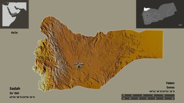 Sadah 'ın şekli, Yemen valisi ve başkenti. Uzaklık ölçeği, ön gösterimler ve etiketler. Topografik yardım haritası. 3B görüntüleme